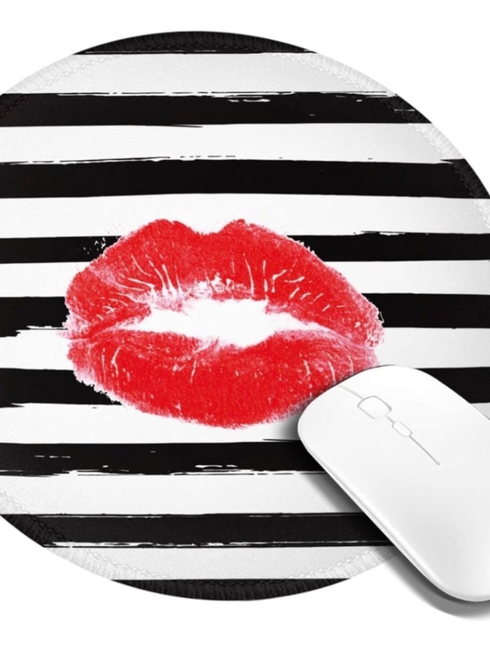 Free With Purchase - Lips Black & White Striped Round Mouse Pad